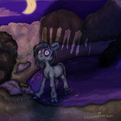 Size: 2048x2048 | Tagged: safe, artist:lilsunshinesam, oc, oc only, oc:fisheyes, species:earth pony, species:kelpie, species:pony, g4, cloud, cloven hooves, crescent moon, dripping, male, moon, night, shadow, solo, stallion, water, wet