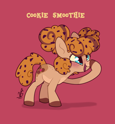 Size: 1300x1400 | Tagged: safe, artist:lilpinkghost, oc, oc only, species:earth pony, species:pony, g4, cookie, dessert, dummy thicc, earth pony oc, female, food, joke, mare, raised hoof, simple background, smiling, solo, sweet, watermark