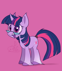 Size: 2000x2300 | Tagged: safe, artist:lilpinkghost, character:twilight sparkle, character:twilight sparkle (unicorn), species:pony, species:unicorn, g4, cloven hooves, cute, female, glasses, mare, pink background, simple background, solo, tail wrap, twiabetes, unshorn fetlocks