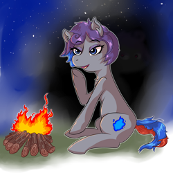 Size: 1024x1024 | Tagged: safe, artist:ghouleh, oc, oc only, oc:wisp, species:earth pony, species:pony, g4, campfire, female, fire, mare, shadow, sitting, smiling