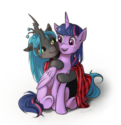 Size: 1047x1080 | Tagged: safe, artist:vyazinrei, character:queen chrysalis, character:twilight sparkle, character:twilight sparkle (alicorn), species:alicorn, species:changeling, species:pony, g4, a better ending for chrysalis, changeling queen, cute, cutealis, female, hug, simple background, twiabetes, white background