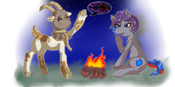 Size: 1024x512 | Tagged: safe, artist:ghouleh, oc, oc only, oc:nana, oc:wisp, species:goat, species:pony, g4, bag, campfire, cutie mark, female, fire, mare, nanny goat, night, rope, shadow, simple background, stars, stories, transparent background