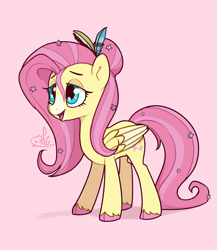 Size: 2000x2300 | Tagged: safe, artist:lilpinkghost, character:fluttershy, species:pegasus, species:pony, g4, alternate hairstyle, cloven hooves, colored hooves, cute, design, female, flower, flower in hair, folded wings, hair accessory, hair bun, lidded eyes, mare, open mouth, pink background, shyabetes, simple background, smiling, snip (coat marking), solo, standing, stray strand, three quarter view, two toned wings, unshorn fetlocks, wings
