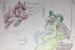 Size: 1092x731 | Tagged: safe, artist:gamerblitz77, artist:gmangamer25, character:princess cadance, oc, oc:blitz, species:alicorn, species:pegasus, species:pony, species:umbrum, episode:the crystal empire, g4, my little pony: friendship is magic, alternate character interpretation, alternate cutie mark, alternate scenario, alternate universe, boots, clothing, cloud, corruptance, corrupted, corrupted cadance, crystal empire, crystal heart, crystal palace, dark magic, dark queen, evil cadance, fangs, female, gorget, hoof shoes, jewelry, lightning, magic, male, peytral, possessed, possession, queen cadance, queen cadence, regalia, role swap, shoes, simple background, solo, sombra eyes, tiara, traditional art, tyrant cadance, unshorn fetlocks, white background, word balloon, word bubble