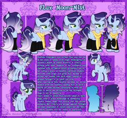Size: 4000x3700 | Tagged: safe, artist:paradiseskeletons, oc, oc:flux moon-mist, species:hippogriff, species:pony, species:unicorn, g4, clothing, dark magic, emotionless, female, filly, goth, gothic, magic, male, mare, reference sheet, scarf, stallion