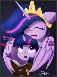 Size: 1371x1858 | Tagged: safe, artist:zyncrus, character:twilight sparkle, character:twilight sparkle (alicorn), character:twilight sparkle (unicorn), species:alicorn, species:pony, species:unicorn, episode:the last problem, g4, my little pony: friendship is magic, book, book of harmony, crying, cuddling, cute, dialogue, duality, floppy ears, happy birthday mlp:fim, mlp fim's tenth anniversary, older, older twilight, ponidox, princess twilight 2.0, self ponidox, simple background, tears of joy, text, time paradox, twiabetes