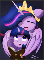Size: 1371x1858 | Tagged: safe, alternate version, artist:zyncrus, character:twilight sparkle, character:twilight sparkle (alicorn), character:twilight sparkle (unicorn), species:alicorn, species:pony, species:unicorn, episode:the last problem, g4, my little pony: friendship is magic, book, crying, cuddling, cute, duality, happy birthday mlp:fim, mlp fim's tenth anniversary, ponidox, princess twilight 2.0, self ponidox, simple background, tears of joy, textless version, twiabetes