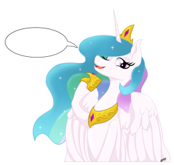 Size: 1920x1824 | Tagged: safe, artist:ghouleh, character:princess celestia, species:alicorn, species:pony, g4, crown, ethereal mane, exploitable, female, horn, jewelry, mare, one eye closed, pointing, princess, regalia, simple background, smiling, solo, transparent background, wings, wink, word balloon