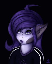 Size: 1512x1856 | Tagged: safe, artist:batsdisaster, oc, oc only, oc:amira disaster, oc:batsdisaster, species:anthro, g4, :o, bust, clothing, looking up, open mouth, piercing, portrait, purple eyes, solo, vampire, vampony