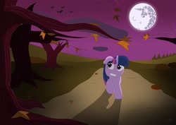 Size: 1024x724 | Tagged: safe, artist:fskindness, character:twilight sparkle, character:twilight sparkle (unicorn), species:pony, species:unicorn, g4, female, halloween, happy birthday mlp:fim, holiday, leaves, mare in the moon, mlp fim's tenth anniversary, moon, night, solo, spooky, tree, tree branch