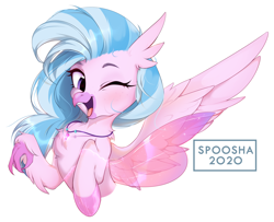 Size: 2498x2030 | Tagged: safe, artist:spoosha, character:silverstream, species:classical hippogriff, species:hippogriff, species:seapony (g4), g4, bust, cute, diastreamies, female, fins, mid-transformation, one eye closed, open mouth, simple background, solo, transformation, white background, wings, wink