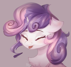Size: 4000x3772 | Tagged: safe, artist:melloncollie-chan, character:sweetie belle, species:pony, species:unicorn, g4, blushing, bust, chest fluff, cute, diasweetes, eyes closed, female, fluffy, happy, portrait, simple background, solo, tongue out