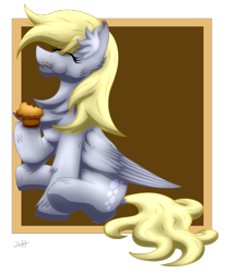 Size: 1359x1638 | Tagged: safe, artist:thebenalpha, character:derpy hooves, species:pegasus, species:pony, g4, ear fluff, eating, food, happy, muffin, simple background, sitting, transparent background, wings