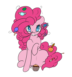 Size: 2042x2176 | Tagged: safe, artist:solardoodles, character:pinkie pie, species:earth pony, species:pony, g4, candy, candy cane, cupcake, food, simple background, sitting, smiling, solo, transparent background