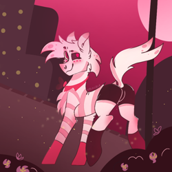 Size: 768x768 | Tagged: safe, artist:valkiria, species:earth pony, species:pony, g4, angel dust, butt, crossover, demon, dock, featureless crotch, flower, hazbin hotel, looking at you, male, plot, ponified, raised tail, solo, stripper, stripper pole, tail