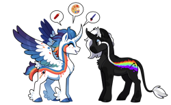 Size: 1280x783 | Tagged: safe, artist:lastnight-light, oc, oc:prisma, oc:radiant spectrum, species:alicorn, species:pony, species:unicorn, g4, colored wings, curved horn, feathered fetlocks, female, horn, male, mare, multicolored wings, simple background, stallion, tail feathers, transparent background, wings