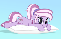 Size: 3542x2262 | Tagged: safe, artist:chomakony, oc, oc only, oc:zoasie, species:earth pony, species:pony, g4, cheek squish, earth pony oc, female, gradient background, looking at you, lying down, mare, pillow, ponytail, scissors, show accurate, simple background, solo, squishy cheeks, tail