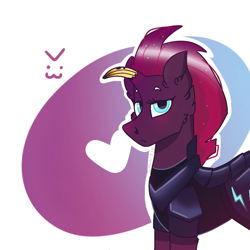 Size: 768x768 | Tagged: safe, artist:valkiria, character:tempest shadow, species:pony, species:unicorn, g4, >:3, armor, banana, broken horn, cute, fake horn, food, heart, horn, looking at you, simple background, tempest gets her horn back