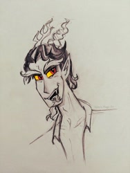 Size: 780x1040 | Tagged: safe, artist:valeriamagicart, character:discord, species:human, g4, bust, forked tongue, horned humanization, horns, humanized, monochrome, partial color, tongue out, traditional art