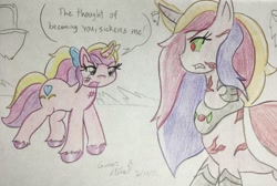 Size: 1092x732 | Tagged: safe, artist:gamerblitz77, artist:gmangamer25, character:princess cadance, species:alicorn, species:pony, species:umbrum, species:unicorn, episode:the crystal empire, g4, my little pony: friendship is magic, alternate character interpretation, alternate cutie mark, alternate scenario, alternate universe, body scars, boots, clothing, cloud, corruptance, corrupted, corrupted cadance, criniere, crystal empire, dark magic, dark queen, duo, echo world, evil cadance, fangs, female, glowing horn, gorget, hat, hoof shoes, horn, jewelry, magic, meta, peytral, possessed, possession, queen cadance, queen cadence, regalia, robe, role swap, scar, self paradox, shoes, simple background, skyscraper, sombra eyes, sombra's robe, teen princess cadance, tiara, traditional art, two sources, tyrant cadance, unshorn fetlocks, white background, word balloon, word bubble