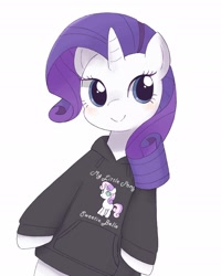 Size: 1552x1937 | Tagged: safe, artist:ginmaruxx, character:rarity, character:sweetie belle, species:pony, species:unicorn, g4, bipedal, blushing, clothing, cute, female, hoodie, mare, raribetes, simple background, solo, white background