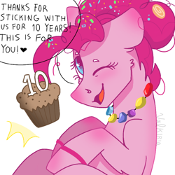Size: 768x768 | Tagged: safe, artist:valkiria, character:pinkie pie, species:earth pony, species:pony, episode:the last problem, g4, my little pony: friendship is magic, accessory, cute, dialogue, diapinkes, female, floppy ears, food, gem, heart, looking at you, mare, mlp fim's tenth anniversary, muffin, older, older pinkie pie, one eye closed, open mouth, sidemouth, smiling at you, solo, speech bubble, talking, talking to viewer
