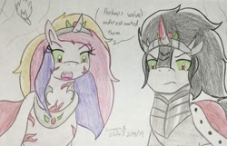 Size: 1115x717 | Tagged: safe, artist:gamerblitz77, artist:gmangamer25, character:king sombra, character:princess cadance, species:alicorn, species:pony, species:umbrum, species:unicorn, ship:somdance, episode:the crystal empire, g4, my little pony: friendship is magic, alternate character interpretation, alternate cutie mark, alternate scenario, alternate universe, armor, bevor, body scars, boots, chestplate, clothing, cloud, colored horn, corruptance, corrupted, corrupted cadance, criniere, croupiere, crown, crystal empire, cuirass, curved horn, dark magic, dark queen, disembodied horn, duo, echo world, evil cadance, fangs, fauld, female, glowing horn, gorget, hat, hoof shoes, horn, infidelity, jewelry, magic, male, meta, peytral, plackart, possessed, possession, queen cadance, queen cadence, regalia, robe, role swap, scar, shipping, shoes, simple background, skyscraper, sombra eyes, sombra's cape, sombra's horn, sombra's robe, straight, tiara, torch, traditional art, tyrant cadance, white background, word balloon, word bubble