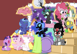 Size: 1768x1250 | Tagged: safe, artist:viraljp, character:discord, character:king sombra, character:nightmare moon, character:pinkie pie, character:princess cadance, character:princess celestia, character:princess luna, character:queen chrysalis, character:twilight sparkle, character:twilight sparkle (alicorn), species:alicorn, species:pony, baby, baby ponies, baby pony, babylight sparkle, crying, cute, cutealis, cutedance, cutelestia, diaper, discute, exclamation point, eye contact, eyes closed, fake wings, female, filly, floppy ears, foal, frown, glare, grin, lunabetes, mare, messy, moonabetes, mouth hold, nightmare woon, nom, nymph, open mouth, pacifier, sad, sitting, smiling, sombradorable, time paradox, twiabetes, wide eyes, woona