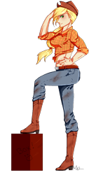 Size: 694x1177 | Tagged: safe, artist:missmaeko, character:applejack, boots, clothing, dirty, female, front knot midriff, humanized, jeans, midriff, simple background, solo