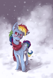 Size: 2722x3968 | Tagged: safe, artist:graypaint, character:rainbow dash, clothing, female, scarf, snow, snowfall, solo