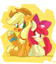 Size: 1400x1600 | Tagged: safe, artist:kty159, character:apple bloom, character:applejack, species:earth pony, species:pony, abstract background, blank flank, blushing, cider, cider mug, colored pupils, duo, duo female, female, filly, looking at each other, mare, mug, open mouth, signature, sisters, sitting, smiling, underhoof