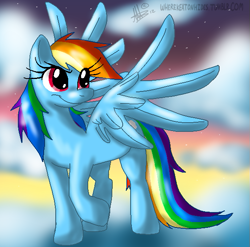 Size: 601x594 | Tagged: dead source, safe, artist:thepipefox, character:rainbow dash, species:pegasus, species:pony, cloud, female, mare, raised hoof, sky, smiling, solo, spread wings, wings