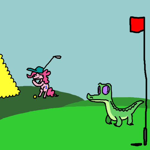 Size: 500x500 | Tagged: safe, artist:ciircuit, character:gummy, character:pinkie pie, animated, cap, clothing, eating, flag, frame by frame, golf, golf ball, hat, pole, swallow
