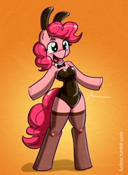 Size: 900x1231 | Tagged: safe, artist:furboz, character:pinkie pie, species:anthro, species:unguligrade anthro, blushing, bunny suit, clothing, leotard, playboy bunny, stockings