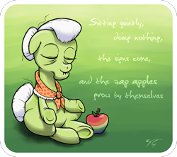 Size: 2025x1800 | Tagged: safe, artist:topgull, character:granny smith, lotus position, meditation, tao te ching, yoga, zap apple, zen