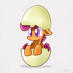 Size: 1024x1024 | Tagged: safe, artist:kty159, character:scootaloo, species:pegasus, species:pony, g4, colored pupils, egg, female, filly, floppy ears, hatching, pink background, scootachicken, signature, simple background, solo