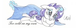 Size: 850x315 | Tagged: safe, artist:ethereal-desired, character:rarity, blanket, female, glowing horn, grin, hug, magic, pillow, pillow hug, smiling, solo, telekinesis, traditional art