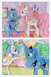 Size: 1737x2612 | Tagged: safe, artist:nancyksu, character:princess celestia, character:princess luna, species:pony, boop, cross-eyed, cute, cutelestia, eye contact, frown, looking at each other, lunabetes, open mouth, pink-mane celestia, smiling, traditional art, woona, younger
