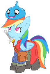 Size: 2477x3609 | Tagged: safe, artist:he4rtofcourage, character:rainbow dash, clothing, crossover, dragon quest (game), female, high res, simple background, slime, solo, sword, transparent background, weapon