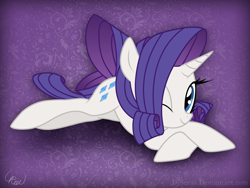 Size: 1024x769 | Tagged: safe, artist:djseras, artist:ethereal-desired, character:rarity, species:pony, species:unicorn, female, looking at you, lying down, mare, one eye closed, prone, smiling, solo, wink