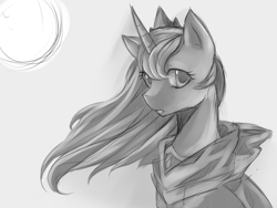 Size: 1600x1200 | Tagged: safe, artist:meewin, character:princess luna, cloak, clothing, female, grayscale, monochrome, moon, sketch, solo