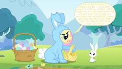 Size: 6000x3375 | Tagged: safe, artist:mandydax, character:angel bunny, character:fluttershy, bunny costume, bunnyshy, chick, clothing, costume, easter