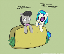 Size: 1100x931 | Tagged: safe, artist:naterrang, character:dj pon-3, character:octavia melody, character:vinyl scratch, food, taco