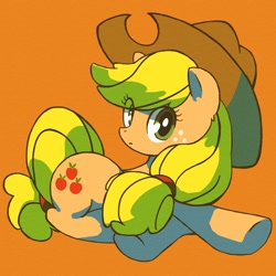 Size: 1200x1200 | Tagged: safe, artist:wasu, character:applejack, species:earth pony, species:pony, cute, female, jackabetes, looking at you, mare, orange background, pixiv, prone, simple background, solo