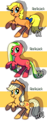 Size: 700x1810 | Tagged: dead source, safe, artist:shufflestripes, character:applejack, character:applejack (g1), g1, g3, applejack (g3), bow, comparison, g1 to g4, g3 to g4, generation leap, rearing, tail bow