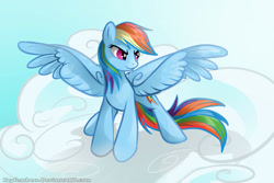 Size: 900x600 | Tagged: safe, artist:keyfeathers, character:rainbow dash, species:pegasus, species:pony, cloud, female, looking sideways, mare, sky, solo, spread wings, wings