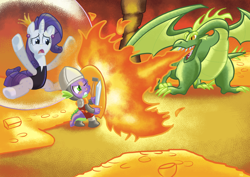 Size: 1768x1250 | Tagged: safe, artist:viraljp, character:rarity, character:spike, species:dragon, ship:sparity, crossover, dirk the daring, don bluth, dragon's lair, female, fire, force field, gold, green dragon, leotard, male, parody, princess daphne, reginald, shield, shipping, singe, straight, sword