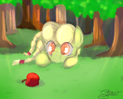 Size: 2500x2000 | Tagged: safe, artist:strabarybrick, character:granny smith, apple, cute, eyes on the prize, female, grass, prone, smiling, solo, tree, younger