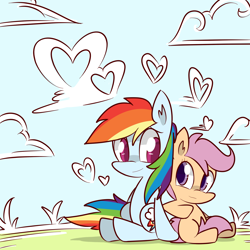 Size: 1600x1600 | Tagged: safe, artist:kty159, character:rainbow dash, character:scootaloo, species:pegasus, species:pony, cloud, duo, duo female, female, filly, heart, looking at each other, mare, nudge, scootalove, sitting, sky