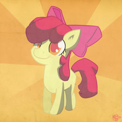 Size: 1024x1024 | Tagged: dead source, safe, artist:derpiliciouspony, character:apple bloom, species:earth pony, species:pony, abstract background, apple bloom's bow, bow, female, filly, hair bow, signature, smiling, solo